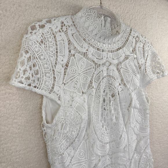 Bisou Bisou Dress Womens 8 White Lace Sheath High Neck Cap Sleeve Party Cocktail - Picture 3 of 16